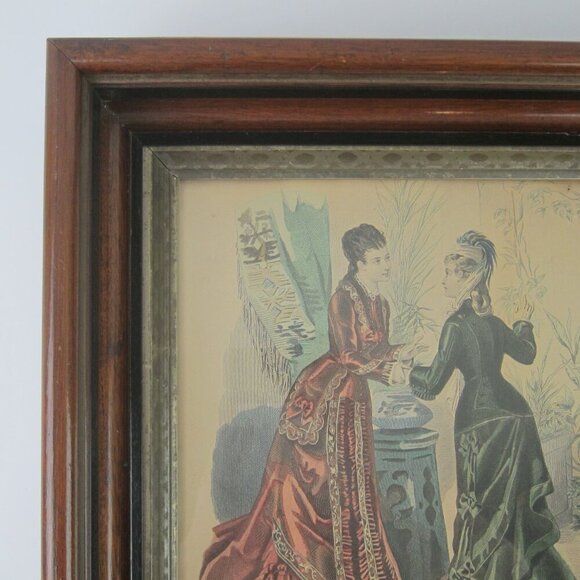 Antique Victorian Deep Picture Frame Wood Gilt La Mode Paris Print in Glass 16" - Picture 2 of 15